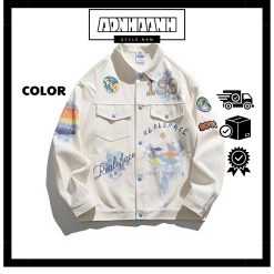 Áo Khoác Nam Hàn Quốc Denim Dáng Rộng Áo Nhà Anh In Màu Graffiti